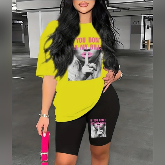 Womens Yellow / Black 2-Piece "If You Don't Pay My Bills" Short Set - Picture 6 of 8